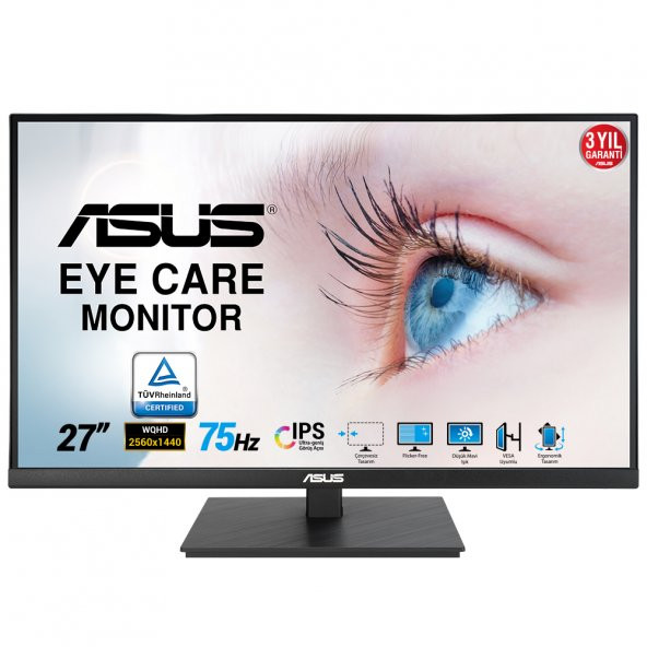 VA27AQSB 27 IPS FREESYNC 2560x1440 1MS (MPRT) 75HZ DP HDMI USB X2 MM VESA 3YIL EYECARE, FLICKER-FREE,CERCEVESIZ,DUSUK MAVI ISIK,PIVOT