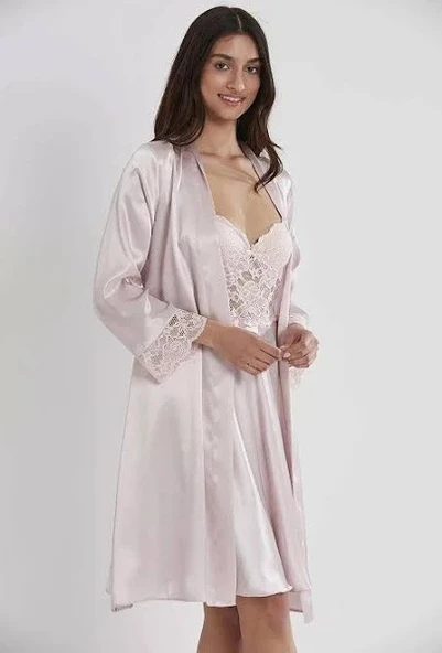 Pierre Cardin Kadın Saten Gecelik Sabahlık Takım-13784 - 2