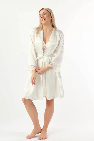 Pierre Cardin Kadın Saten Gecelik Sabahlık Takım-13784 - 4