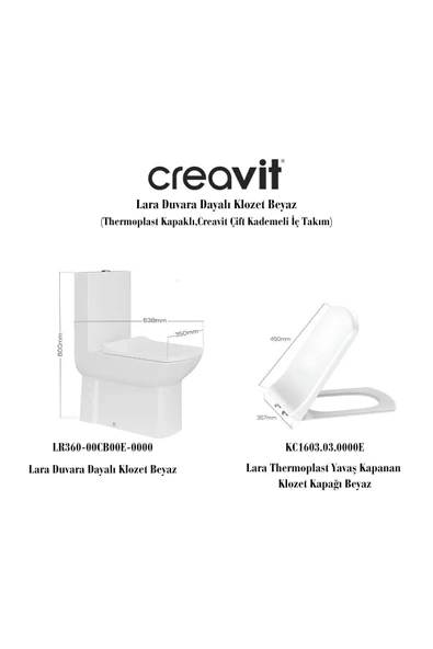 Creavit Lara Beyaz Kanallı Duvara Sıfır Klozet Takım LR360, Creavit Lara Yavaş Kapak - 9