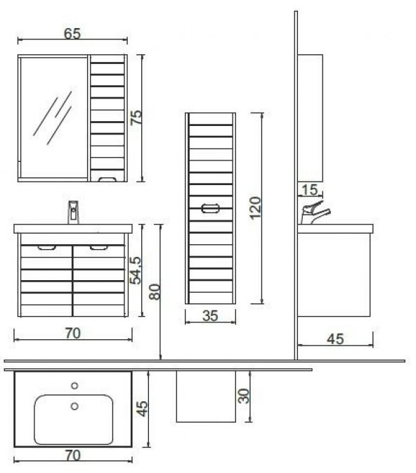 Denko Mostar 70 cm MDF Lake Banyo Dolabı Takımı Aynalı Üst Modülü - 2