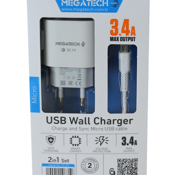 Megatech CC-03 3.4A Micro Usb Kablo+ Ev Şarj Adaptörü Hızlı Şarj