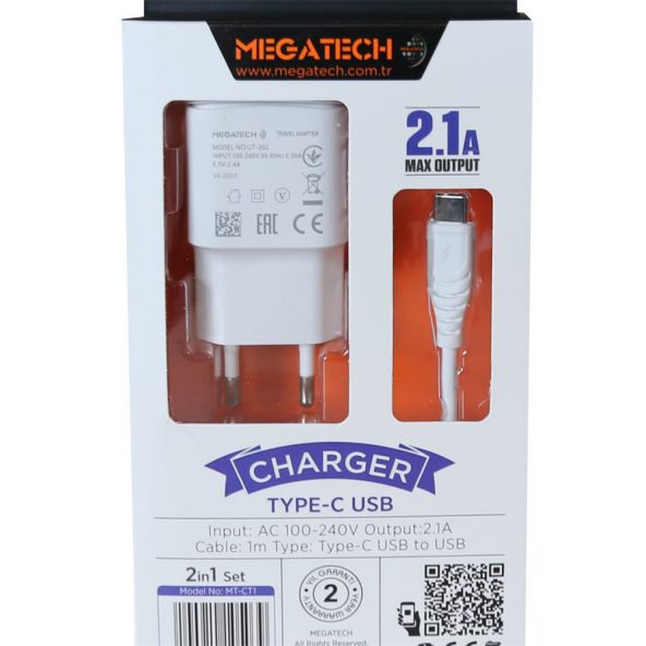 Megatech MT-Ct1 2.1a 2ın1 Typc-e Ev Şarj+Type-c Kablo