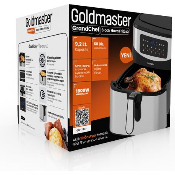GOLDMASTER GM-7497 GRANDCHEF 9.2 LİTRE INOX GENİŞ HAZNELİ 3XL DOKUNMATİK 10 ÖN AYARLI AİRFRYER SICAK HAVA FRİTÖZÜ - 5