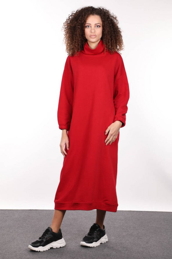 Kırmızı Boğazlı Basic Kadın Sweat Elbise