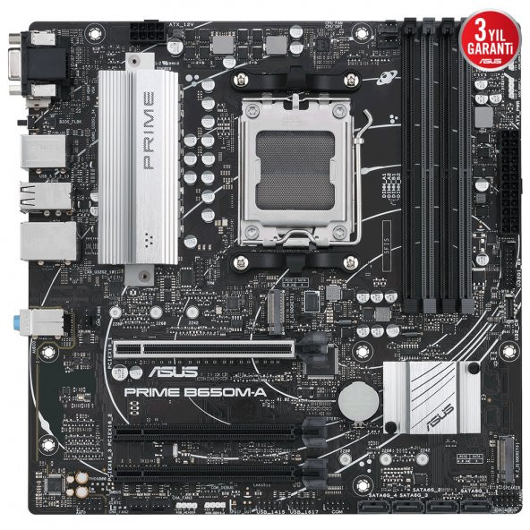 PRIME B650M-A AMD B650 AM5 DDR5 6400 DP HDMI VGA 2X M2 USB3.2 AURA RGB 2.5GBİT LAN MATX 128GB A KADAR RAM DESTEĞİ  5X PROTECTION III
