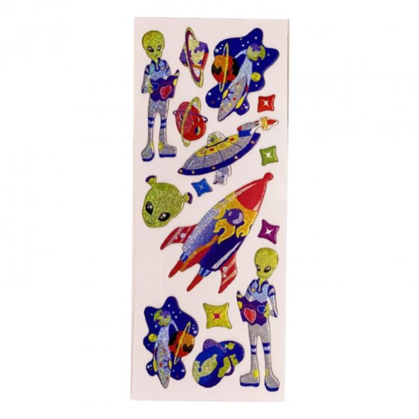 Sticker Kabartmalı Stiker Defter, Planlayıcı Etiket Uzaylı ve roket (cb429) 16x7 cm