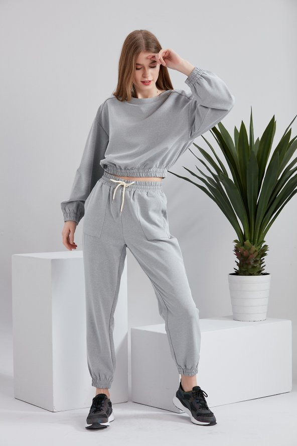 Gri Crop Sweatshirt Eşofman Üstü