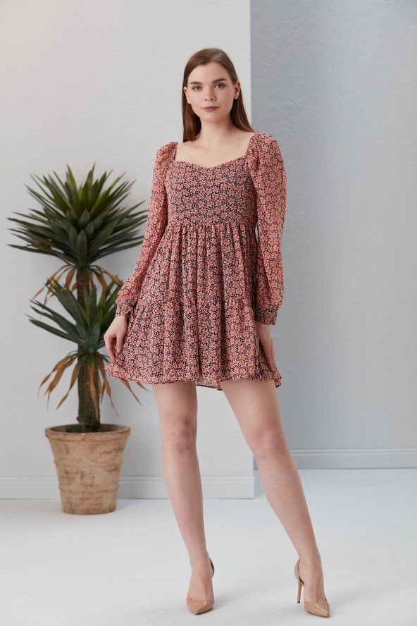 Eteği Fırfırlı Çiçekli Mini Elbise