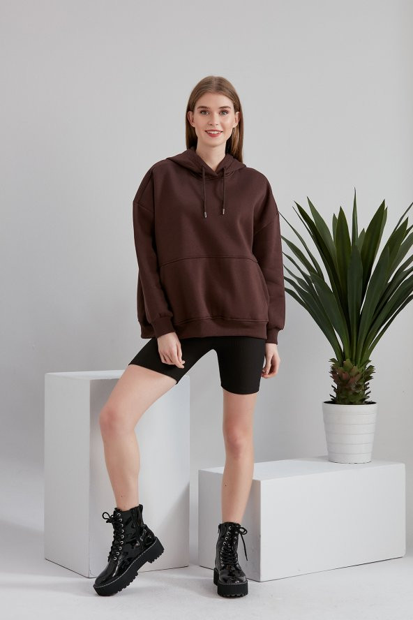 Bayan Üst Sweatshirt Kumaş Kapüşonlu Cepli