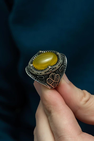 Sarı Akik Taşlı 925 Gümüş Erkek Yüzük - 3