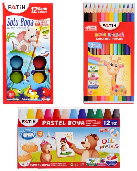 Fatih 3lü Boyama Seti Kuru Boya Sulu Boya Pastel Boya