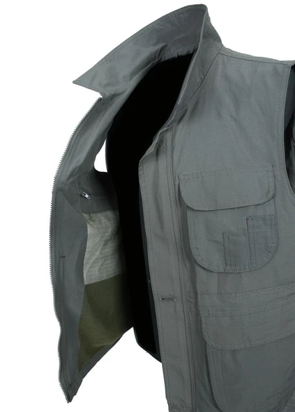 Battal Beden Yakalı Ve Torba Cepli Yazlık Kumaş Yelek Haki Renk - 4