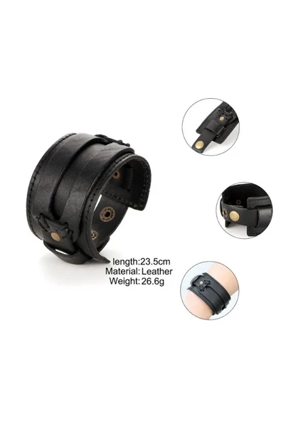 Erkek Deri Bileklik Paslanmaz Çelik Metal Gümüş Bilezik Siyah Erkek Takı Için Toka - 3