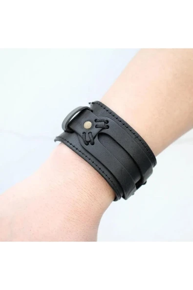 Erkek Deri Bileklik Paslanmaz Çelik Metal Gümüş Bilezik Siyah Erkek Takı Için Toka - 2