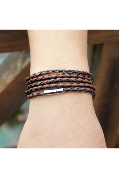 Erkek Deri Bileklik Paslanmaz Çelik Metal Bilezik Siyah Kahve Erkek Takı Için Toka - 2