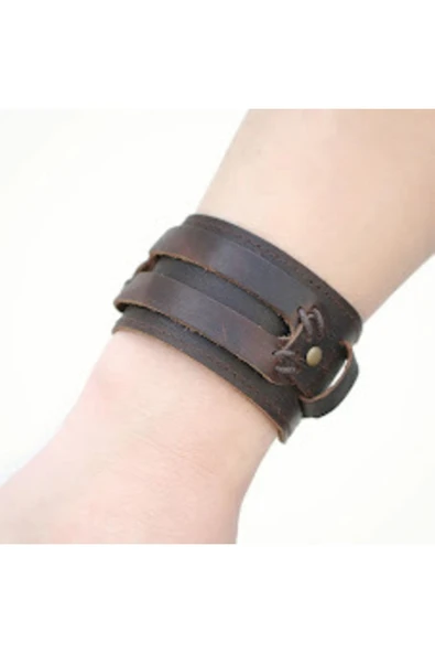 Erkek Deri Bileklik Paslanmaz Çelik Metal Gümüş Bilezik Kahve Erkek Takı Için Toka - 3