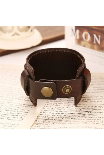 Erkek Deri Bileklik Paslanmaz Çelik Metal Gümüş Bilezik Kahve Erkek Takı Için Toka - 2