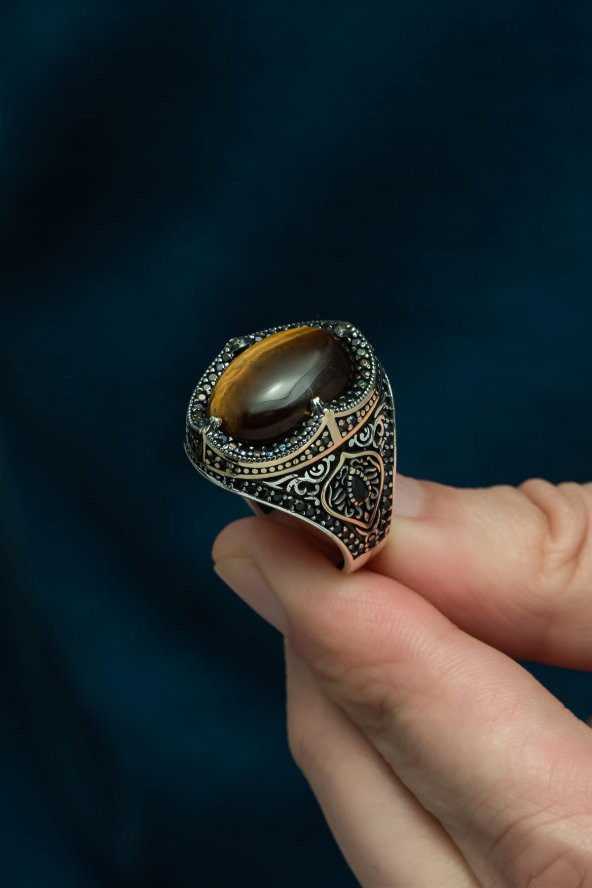 Oval Kaplan Gözü Taşlı 925 Gümüş Erkek Yüzük - 3