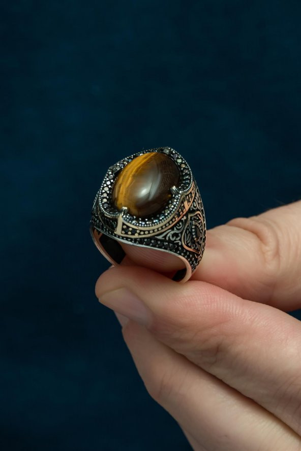 Oval Kaplan Gözü Taşlı 925 Gümüş Erkek Yüzük - 6