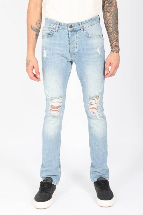 Erkek Yırtık Detaylı Straight Jean Pantolon Mavi