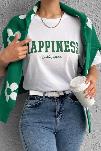 Unisex Happiness Baskılı Tasarım Tshirt