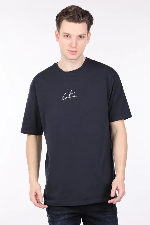 Erkek Lacivert Arkası Yazılı Bisiklet Yaka T-shirt