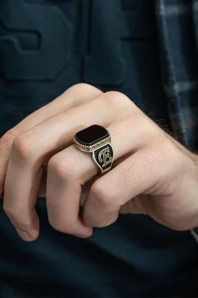 Oniks Taşlı Harfli 925 Gümüş Erkek Yüzük - Resim 3