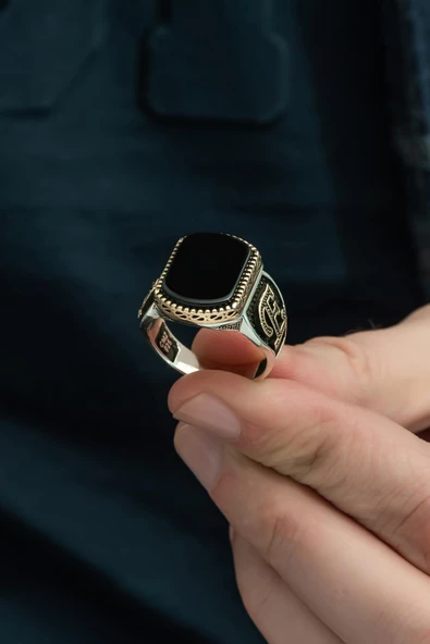 Oniks Taşlı Harfli 925 Gümüş Erkek Yüzük - Resim 5