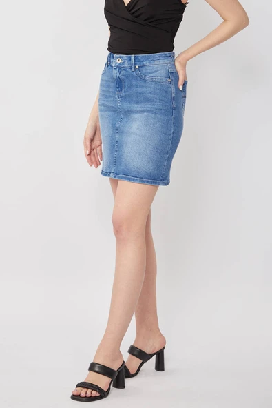 Kadın Açık Mavi Jean Kısa Etek - 5