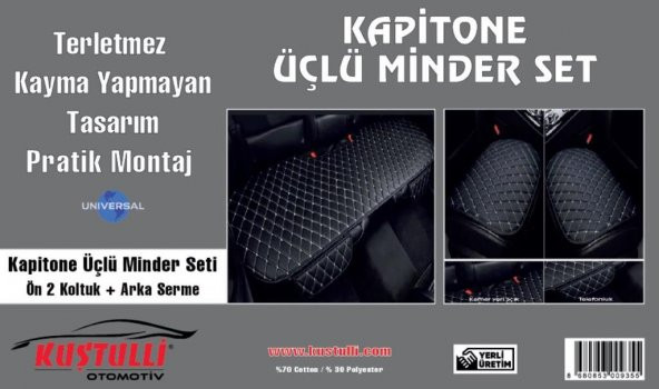 Kustulli Universal 3lü Terletmez Kaymaz Oto Koltuk Kapitone Minder Siyah K0636 - 3