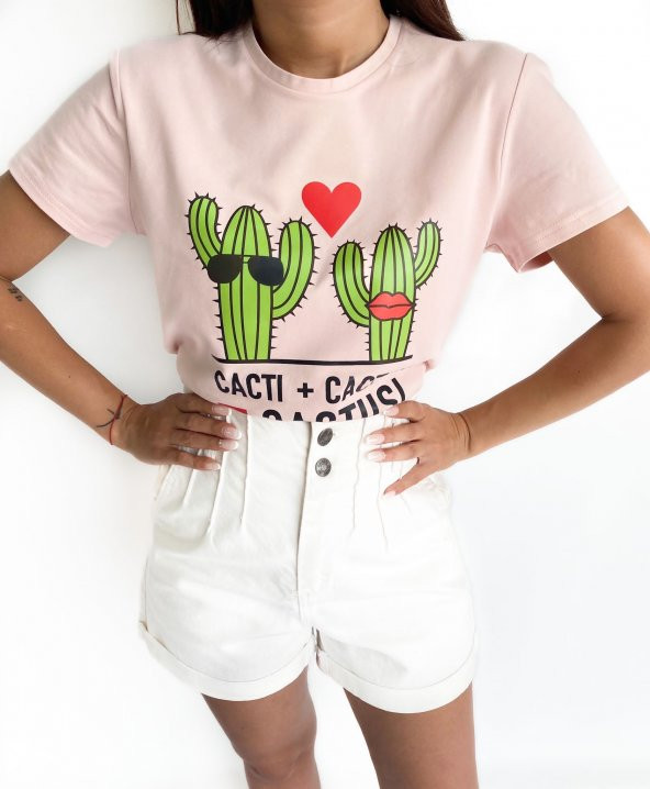 Kadın Baskılı Basic Tişört Toz Pembe - 3