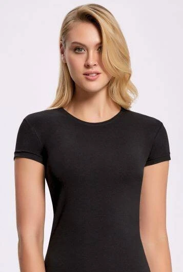 Likralı Yuvarlak Yaka Kadın T-shirt  10 Adet Siyah - 2