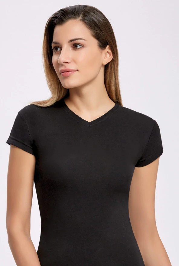 Kadın Likralı V Yaka Kadın T-shirt 10 Adet Siyah