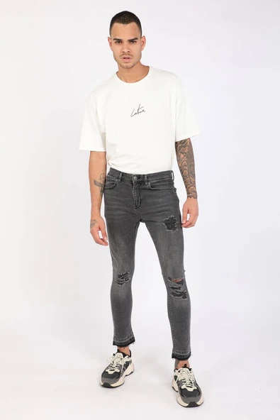 Erkek Antrasit Paçası Kesik Jean Pantolon - Resim 3