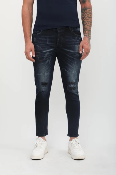 Erkek Skinny Ripped Patch Detaylı Jean Lacivert - Resim 7