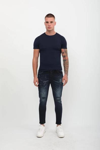 Erkek Skinny Ripped Patch Detaylı Jean Lacivert - Resim 5