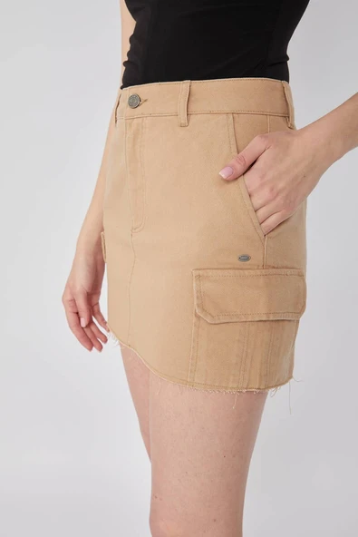 Kadın Kargo Cepli Jean Etek Camel - 5