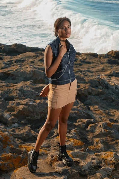 Kadın Kargo Cepli Jean Etek Camel - 2