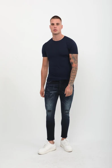 Erkek Skinny Ripped Patch Detaylı Jean Lacivert - Resim 2