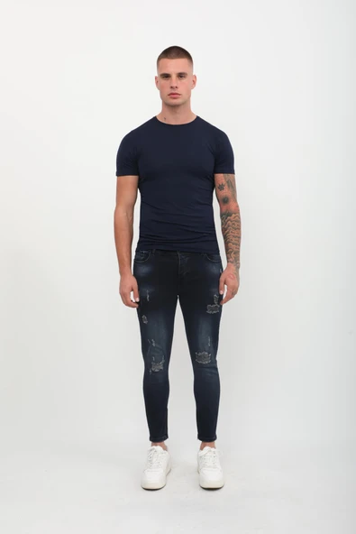 Erkek Skinny Fit  Destroy Lacivert - 5