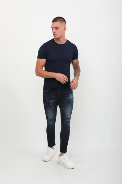 Erkek Skinny Ripped Patch Detaylı Jean Lacivert ürün görseli 1