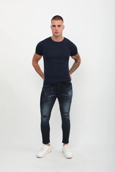 Erkek Skinny Ripped Patch Detaylı Jean Lacivert - Resim 4
