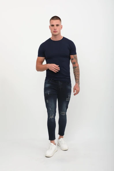 Erkek Skinny Fit  Destroy Lacivert - 2