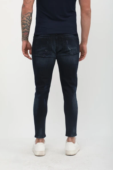 Erkek Skinny Ripped Patch Detaylı Jean Lacivert - Resim 8