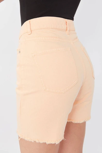 Kadın Basic Paçası Kesik Jean Şort Somon - 6