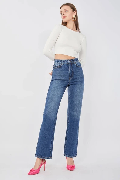 Kadın Koyu Mavi Palazzo Jean Pantolon - 4