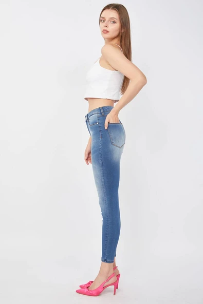 Kadın Skinny Fit Esnek Pantolon Mavi - Resim 4