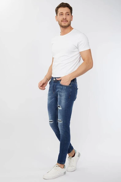 Erkek Skinny Ripped Patch Detaylı Jean Koyu Mavi - 4