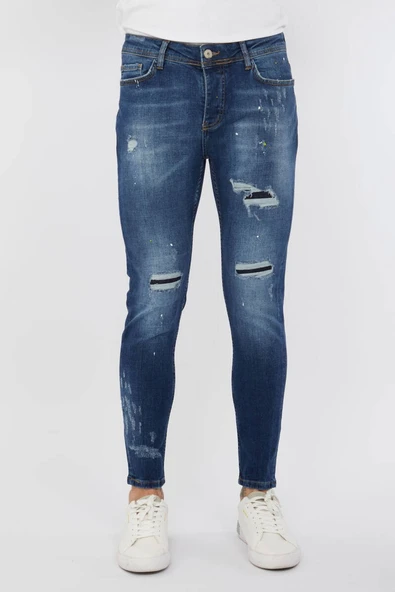 Erkek Skinny Ripped Patch Detaylı Jean Koyu Mavi - 2
